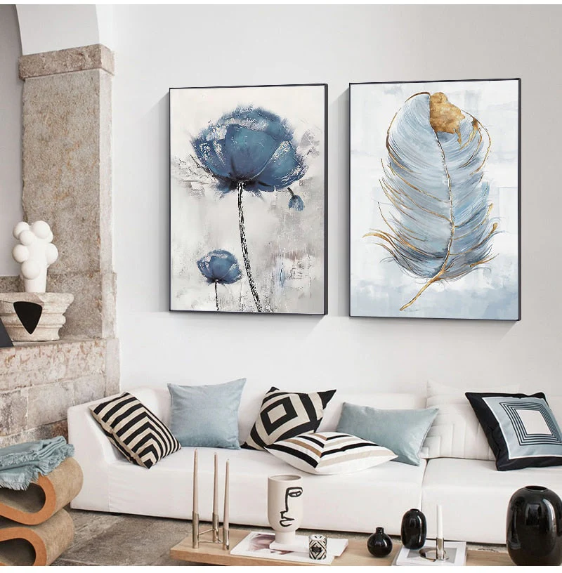 HULIANFU Scandinavian Flower Canvas Art Abstract Painting Print Feather Decoration Picture for Living Room Nordic Home Decor Wall Poster - Deanwangkt