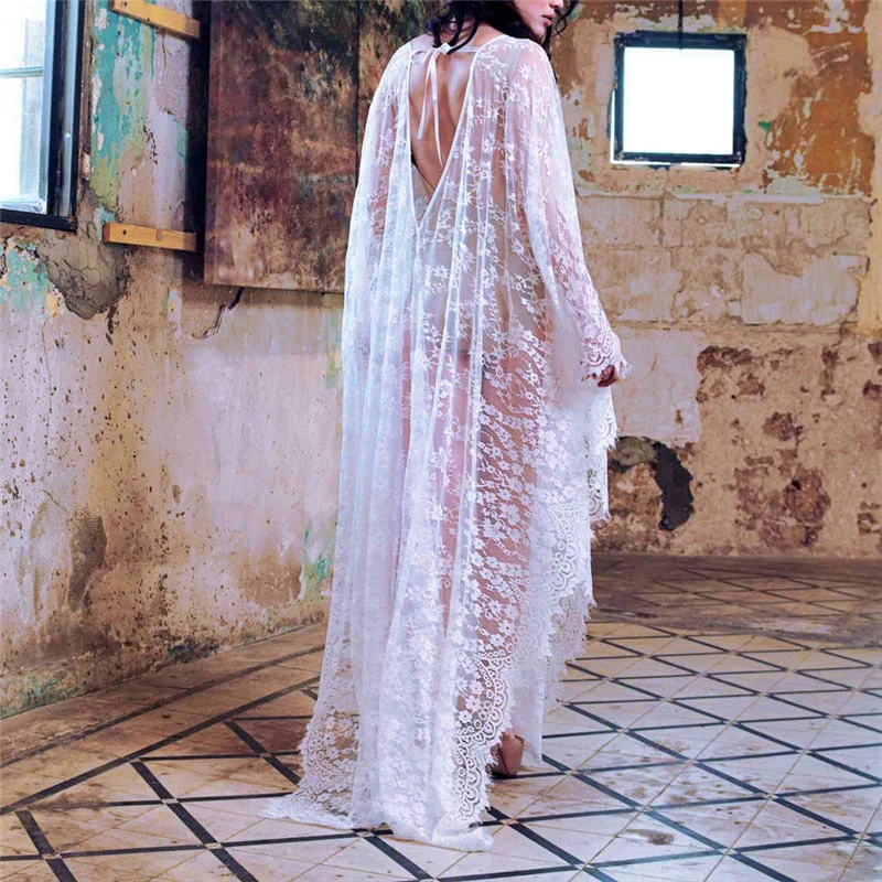 New Women Lace Chiffon Kimono Beach Bikini Cover Up Wrap Beachwear Mesh Long dress - Deanwangkt