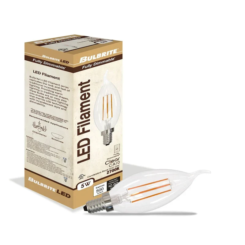 Bulbrite LED Filament Pack of (4) 5 Watt Dimmable CA10 Light Bulbs with Clear Glass Finish and Candelabra (E12) Base