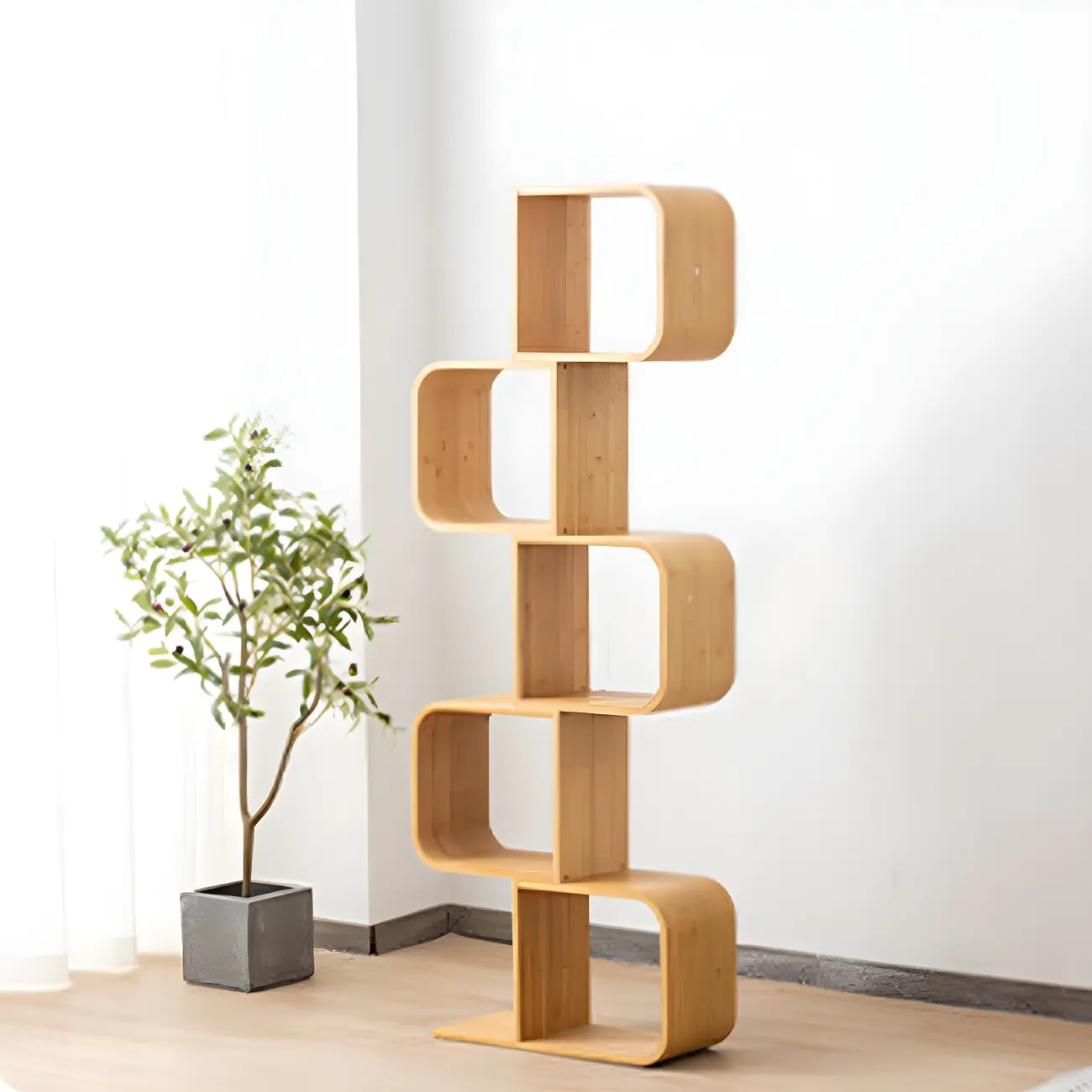 Geometric Natural Finish Bamboo Wood Vertical Bookcase