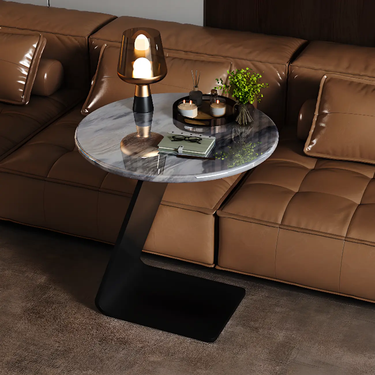 Black C-shaped Round Marble Top Living Room Side Table