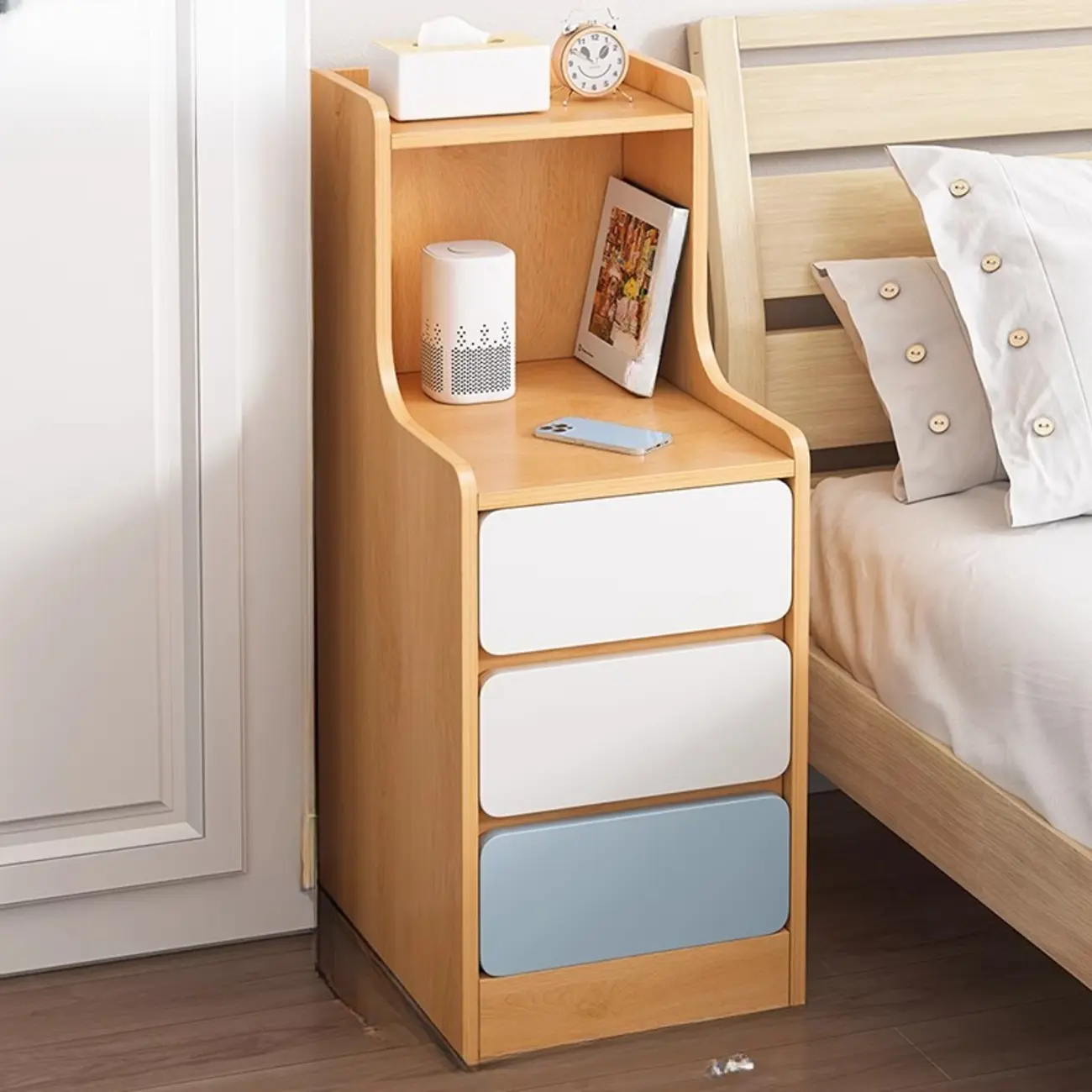 Modern Bedside Table with Drawers - White Nightstand
