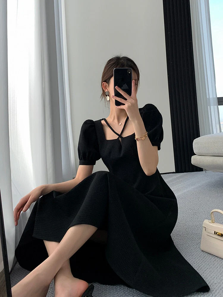 Hulianfu Summer Women Fashion Elegant Casual Solid Puff Sleeve Midi Dresses Evening Office Lady Female A Line Clothes Vestdios Black - Deanwangkt