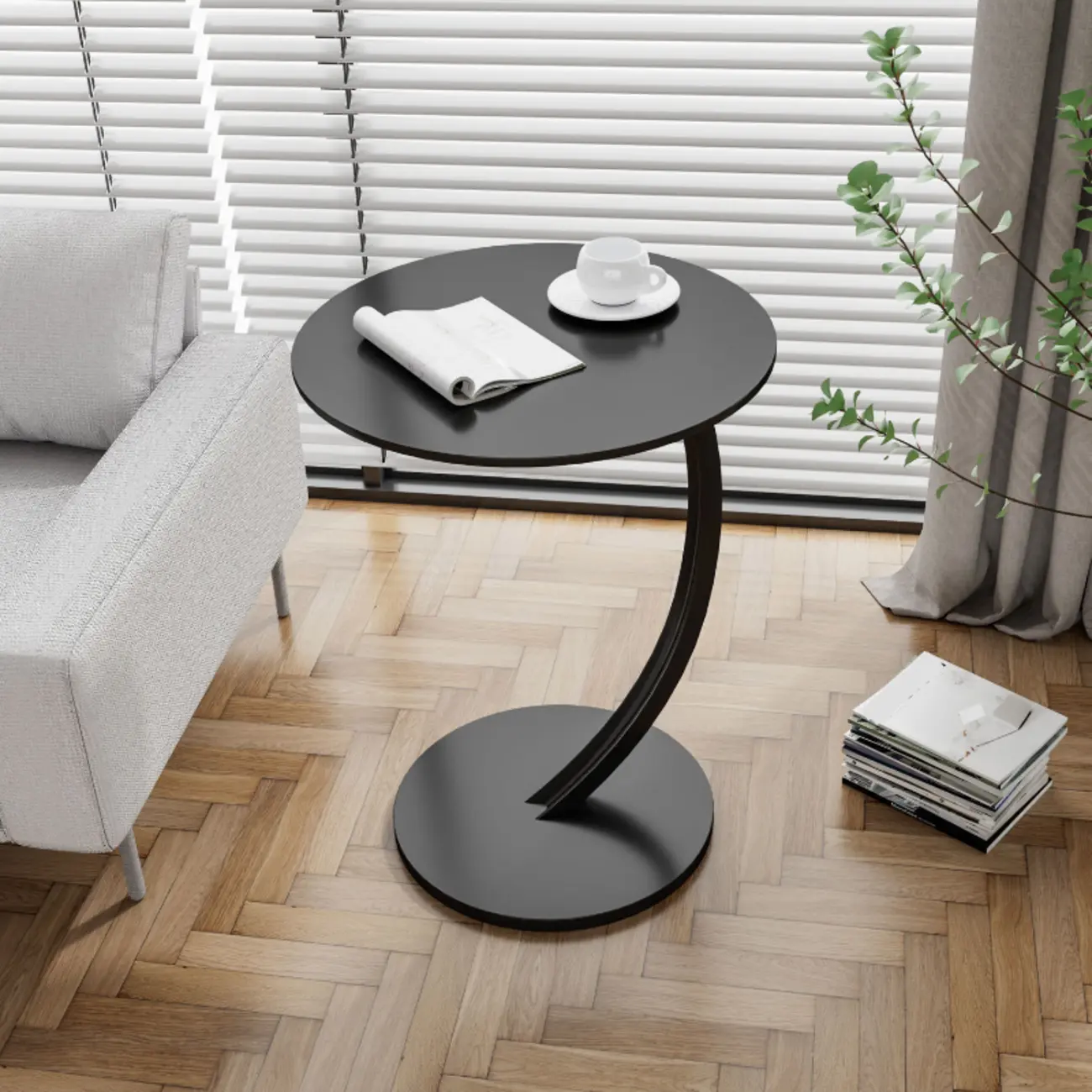 Modern Wood Round Top Triangular Silver Side Table