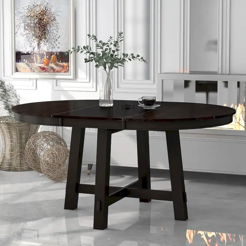 Farmhouse Round Extendable Dining Table with 16   Leaf Wood Kitchen Table