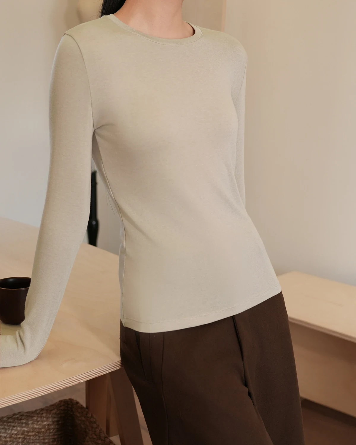 Wool acetate high-stretch base top, versatile fitted slimming inner layer, lightweight warm women's long-sleeve undershirt top