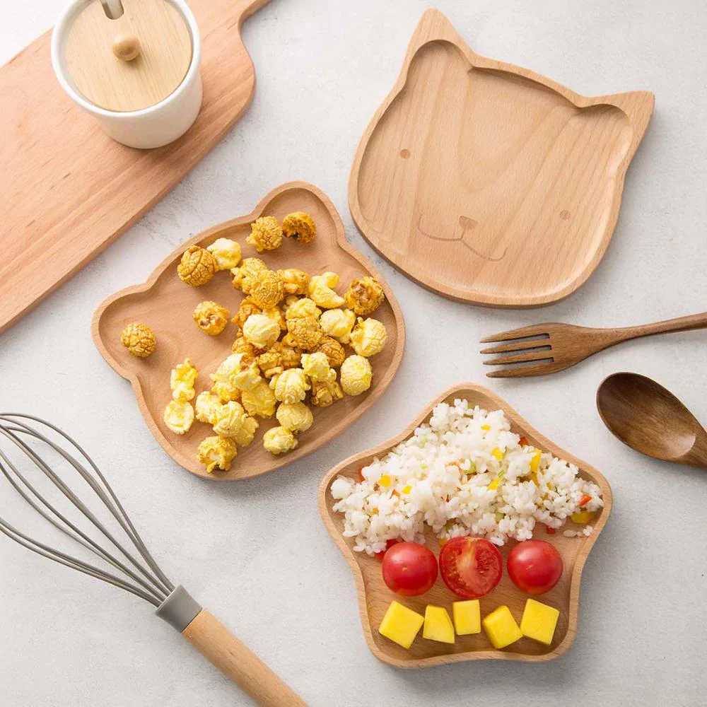 HULIANFU Natural Beech Cartoon Food Tray Wooden Cup Breakfast Plate Large Solid Wood Tableware Cake Snack Fruit Tray Safe baby Food Bowl - Deanwangkt