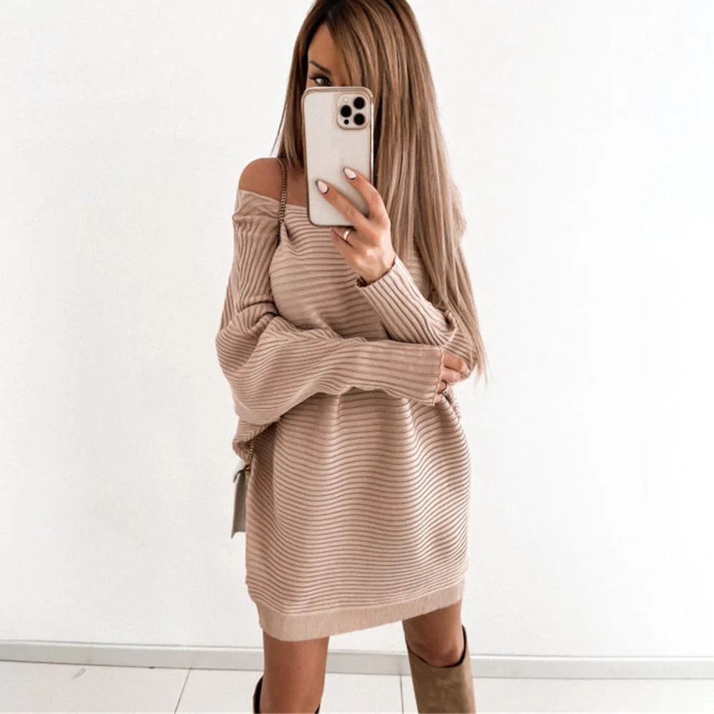 Hulianfu Sexy Off Shoulder Long Sleeve Sweater Dress Women 2022 Spring Loose Casual White Knitted Long Top Woman Mini Dresses Pull Femme - Deanwangkt