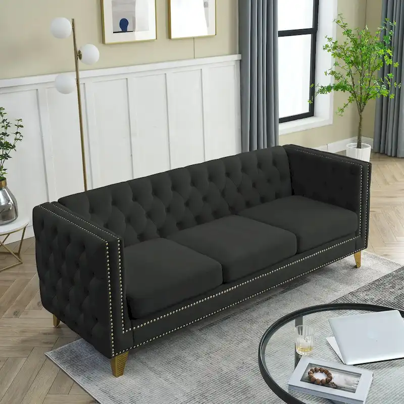 2-Pieces Velvet Upholstered 3 Seat Sofa, Classic Chesterfield Couch Buttons Tufted Square Arm Sofa with Nailheads and Metal Legs
