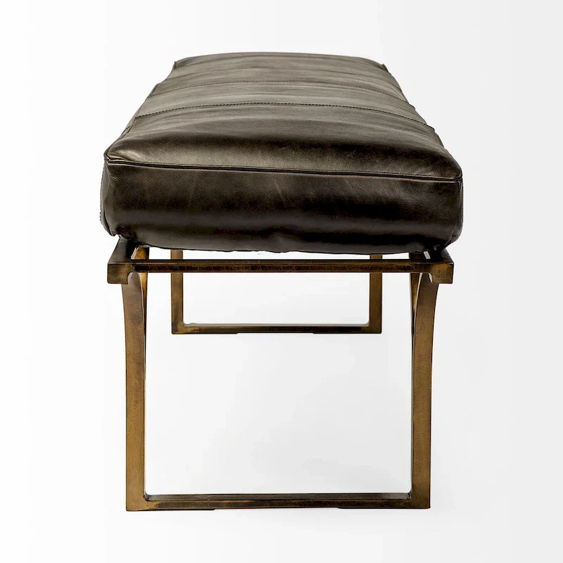 Jessie 55L x 16W Brown Leather Seat W/Black Metal Base Accent Bench - 55.0L x 16.0W x 19.0H