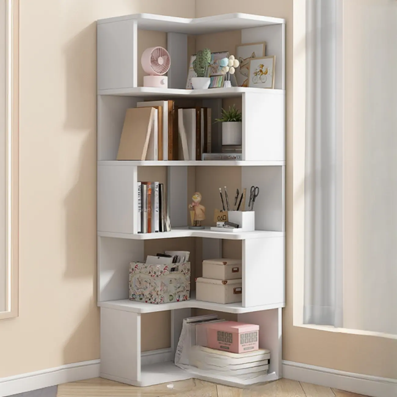 Irregular White L-shaped Wood Open Back Corner Bookcase