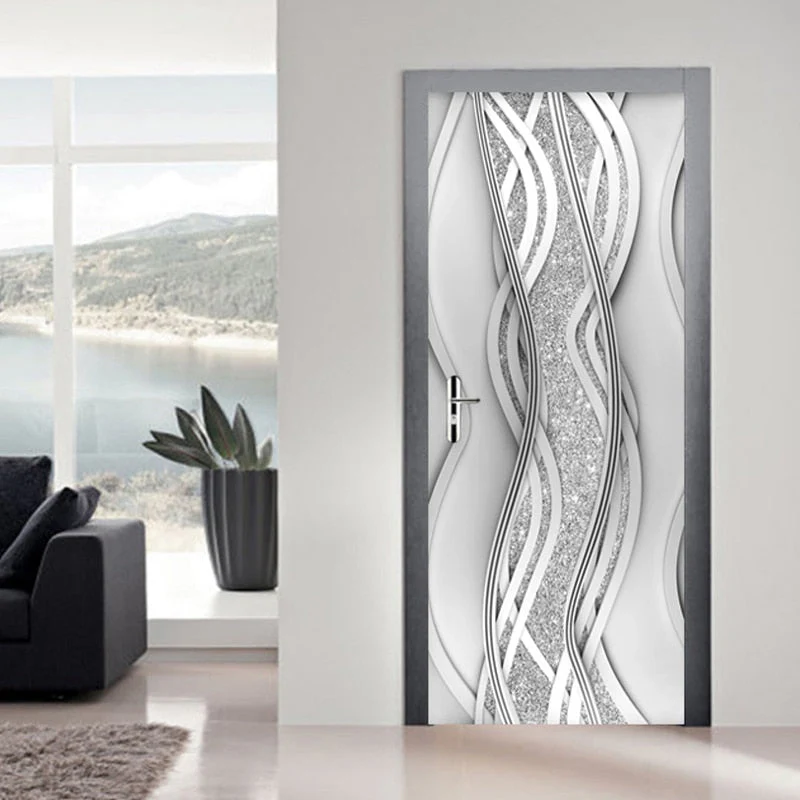 HULIANFU 2026  Modern PVC Door Sticker Self Adhesive Vinyl Silver Water Wave Pattern Waterproof Wall Sticker Home Decor Wallpaper - Deanwangkt