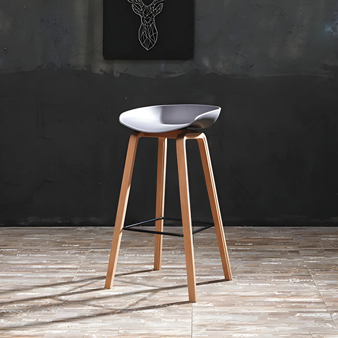 Mid-Century Modern Plastic Bar Stool with Wood Legs