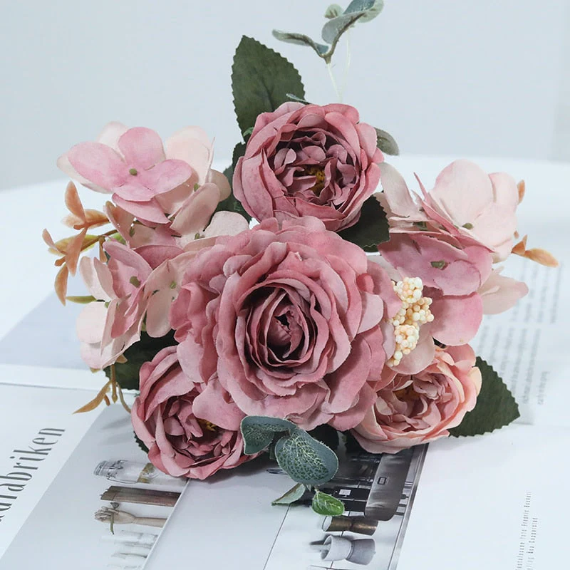 HULIANFU 2026  Beautiful Hydrangea Roses Artificial Flowers for Home Wedding Decorations High Quality Autumn Bouquet Mousse Peony Fake Flower - Deanwangkt