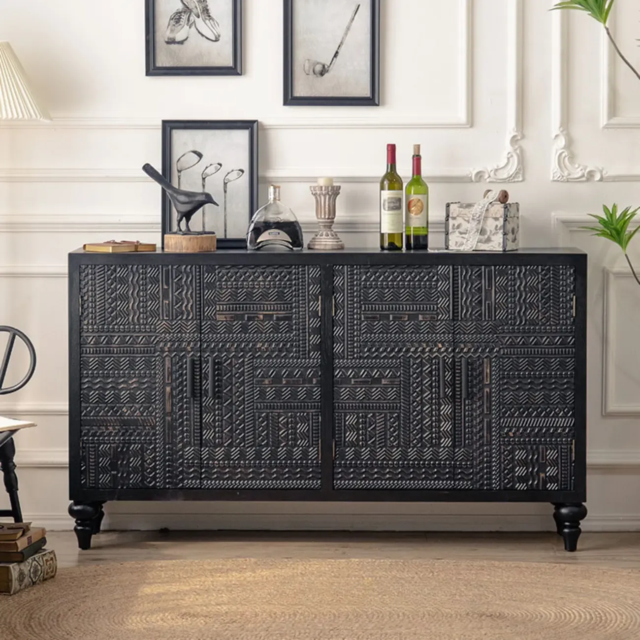 Mid-Century Rectangle Black Distressed Wood Carved Cabinet