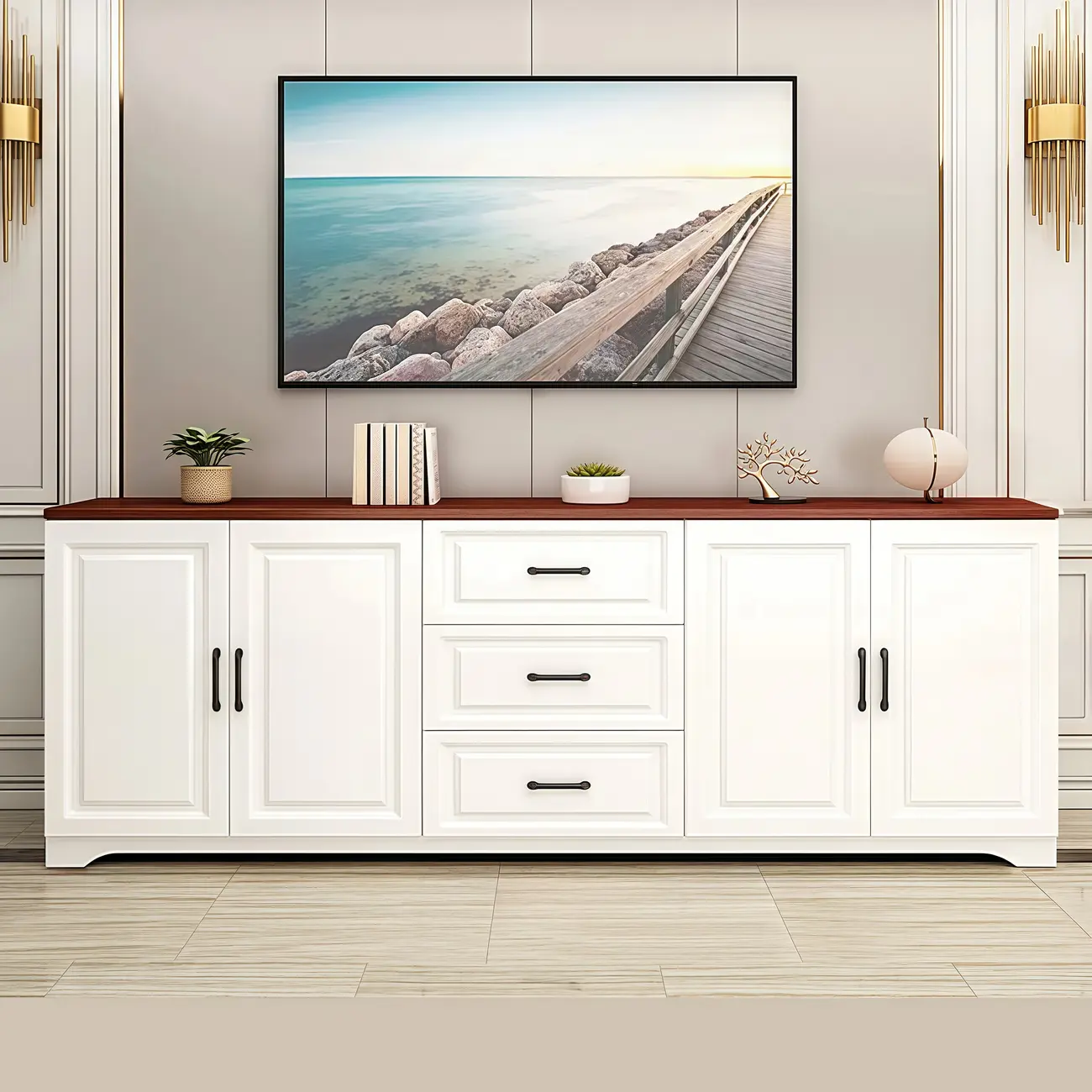 Modern Rectangular White 3-Drawer Wooden TV Stand