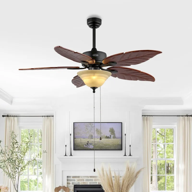 Owen 52  3-Light Coastal Bohemian Iron/Wood Palm Leaf LED Ceiling Fan with Pull Chain, by JONATHAN Y