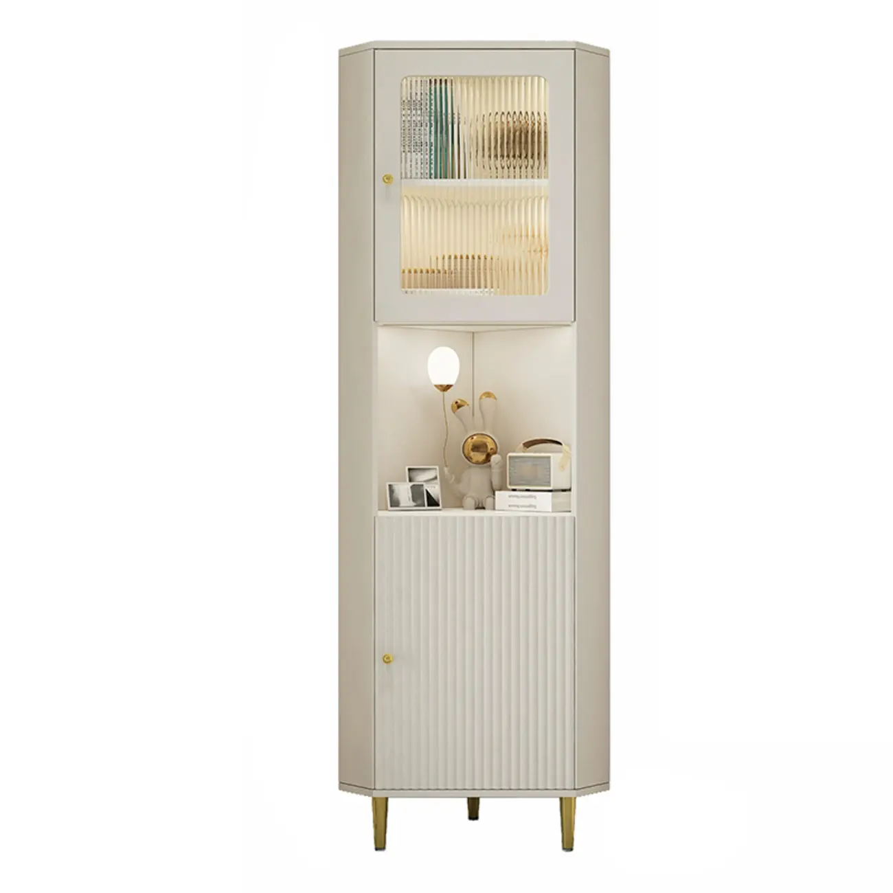 Elegant Faux Marble Top Striped Wooden Glass Corner Cabinet