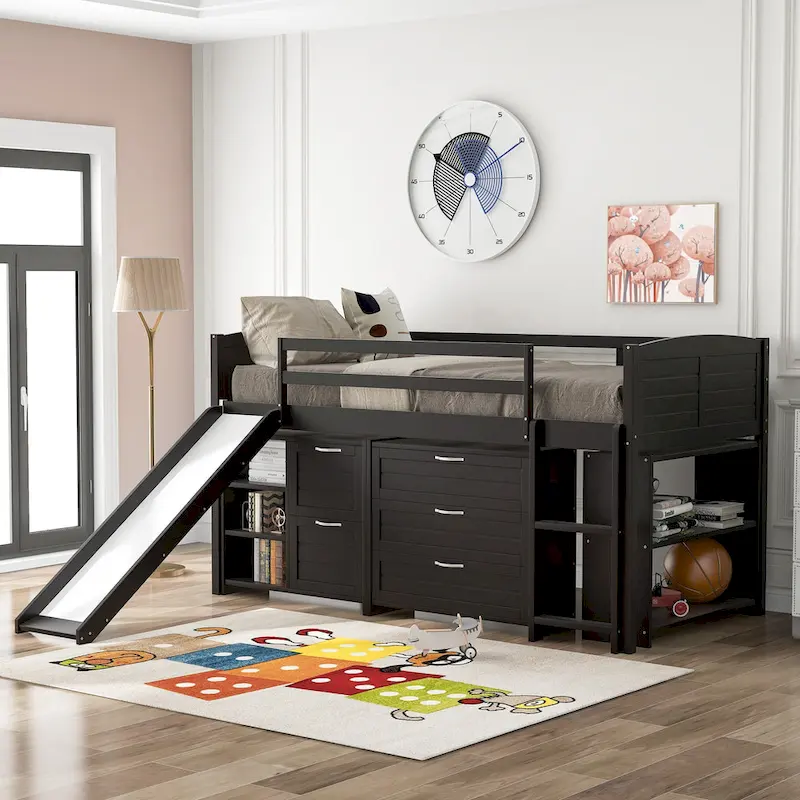 Twin Pine Low Loft Bed with Cabinets, Shelves, and Slide