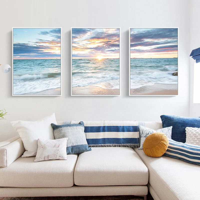 HULIANFU Sunrise Coastal Decorative Canvas Poster Blue Sea Landscape Picture Waves Canvas Painting Print Beach Wall Art Picture Home Deco - Deanwangkt