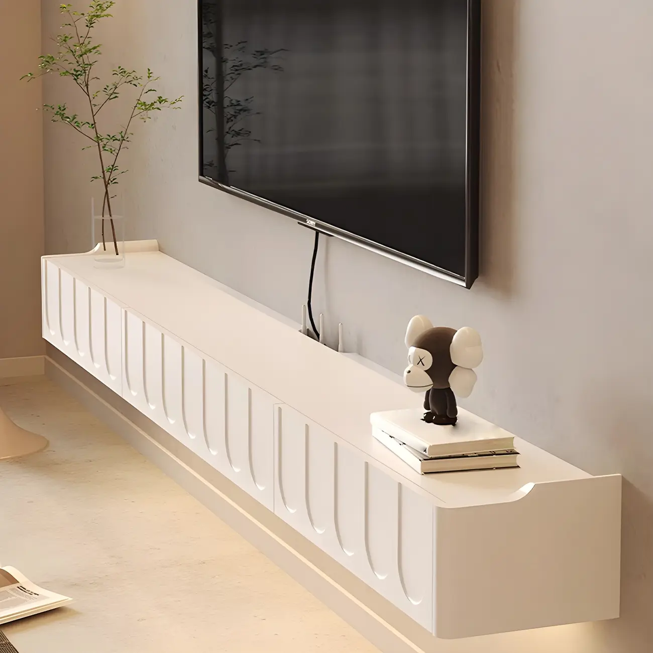 65 Long White Floating Wood U-Pattern TV Stand with Cabinet