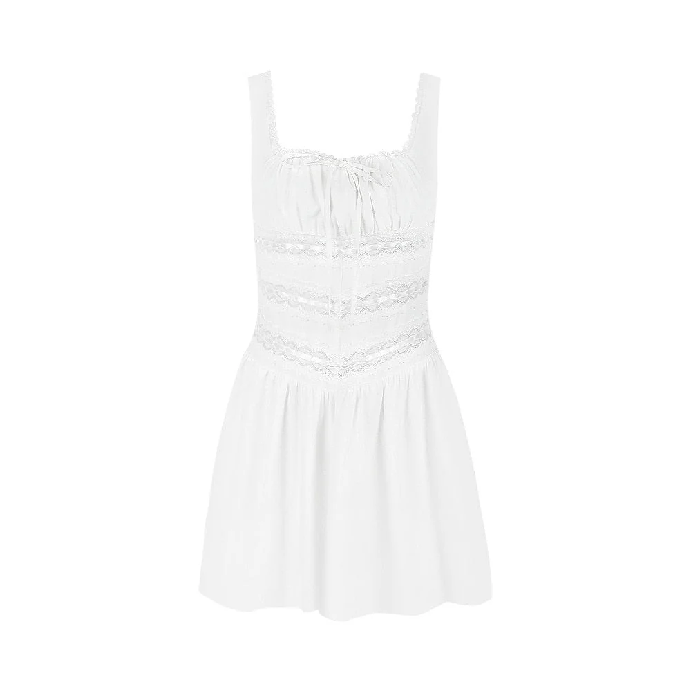 Hulianfu Square Neck White Dress Lovely Lace Patchwork A Line Holiday Party Dresses Casual Mini Summer Dresses Women - Deanwangkt