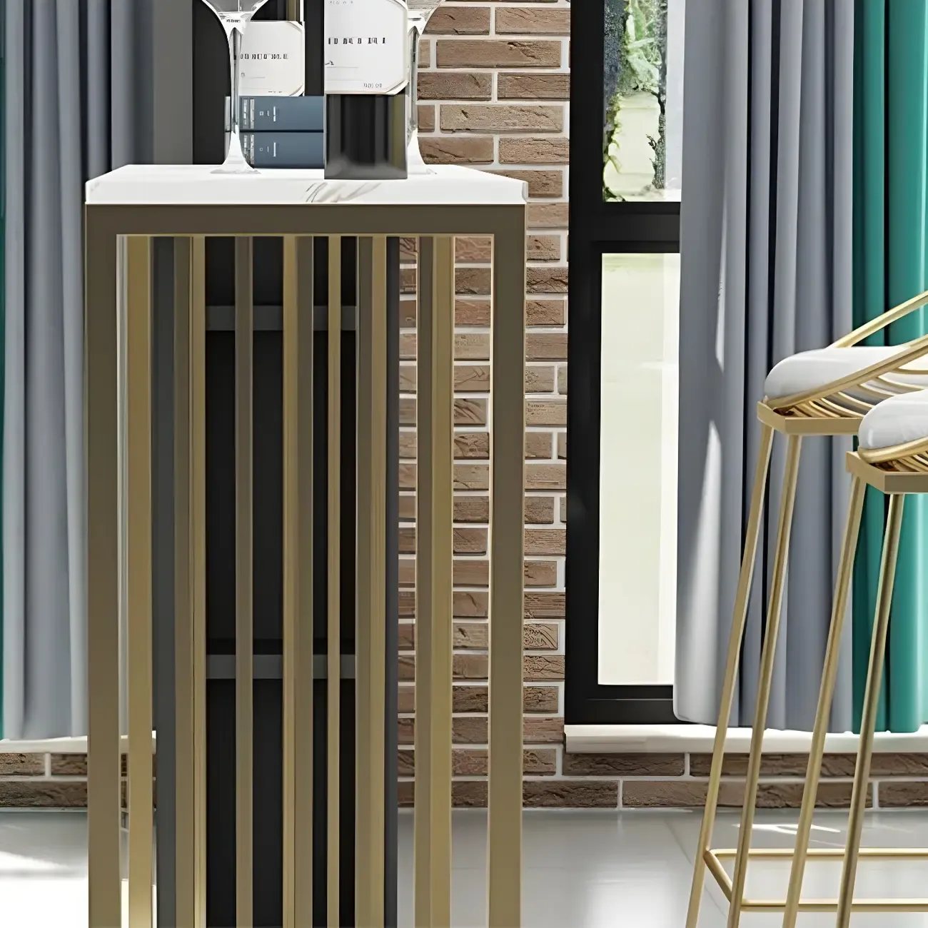 Glam White Faux Marble Gold Rail Metal Base Bar Tables