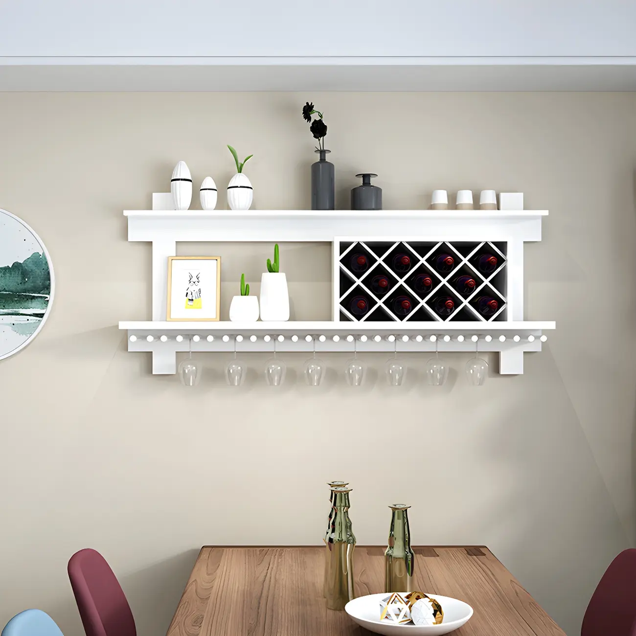 Pine Wooden Wall-Mounted Display Open Wine Bottle & Glass Rack