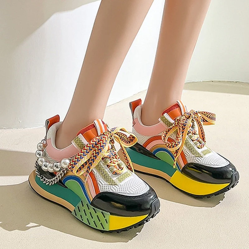 hulianfu New Lace Up Iridescent Pearl Chain Decorative Women's Vulcanized Shoes Women's Platform Sneakers  Zapatos De Mujer  Women Shoes - Deanwangkt