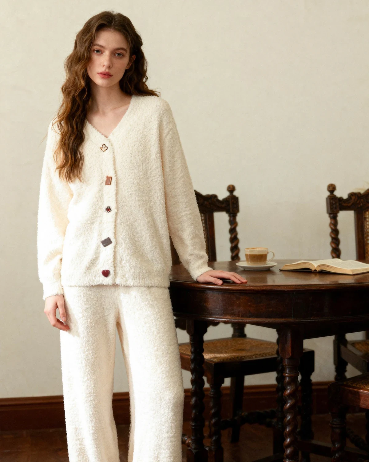 Fall/Winter warm soft half-fleece loungewear set for women, cardigan home pajamas, postpartum set with long sleeves and long pants