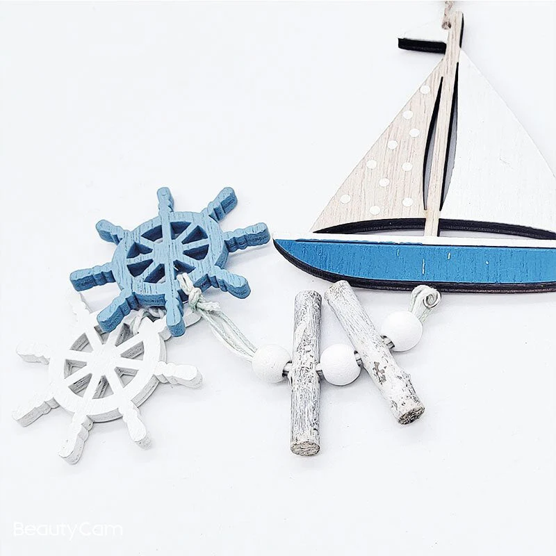 HULIANFU Wooden Fish Sailboat Rudder Hanging Decoration Beach Theme Wall Decor Door Crafts Wind Chimes Ornament Nautical Pendants Gifts - Deanwangkt