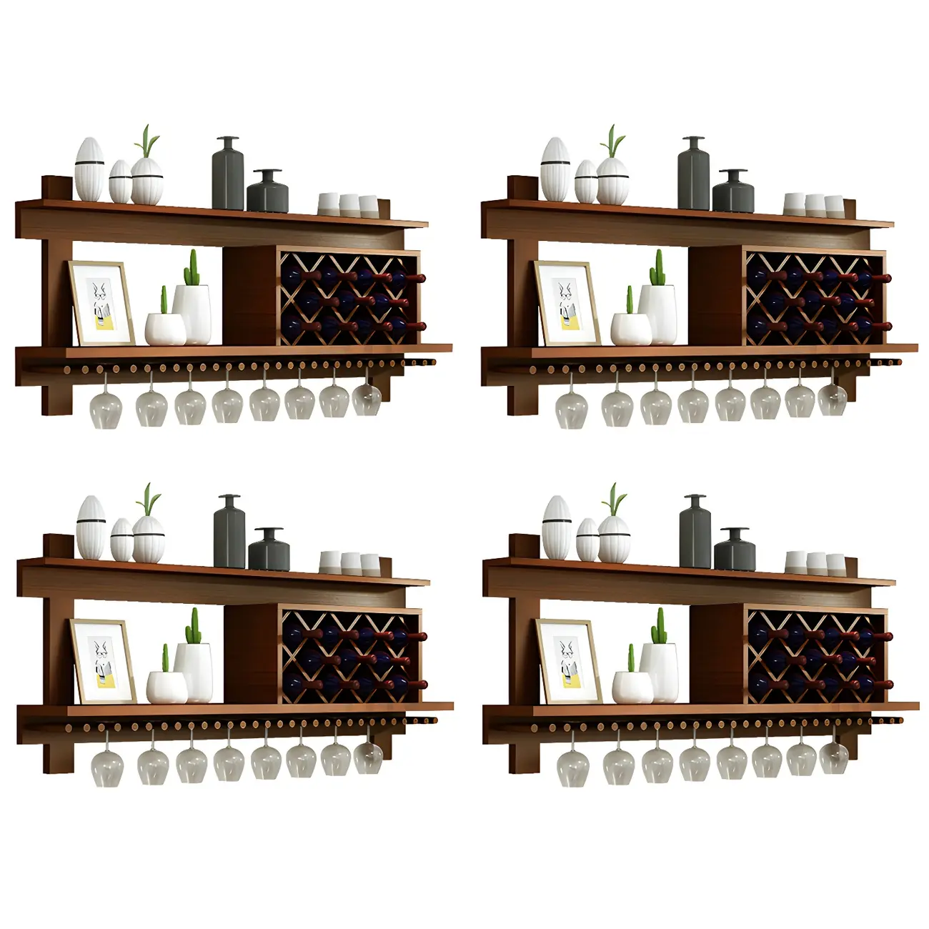 Pine Wooden Wall-Mounted Display Open Wine Bottle & Glass Rack