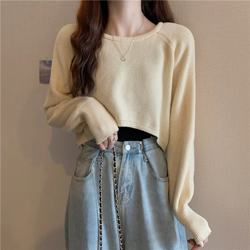 Hulianfu New Autumn Women Solid Sweater O-Neck Loose Sweater Pullover Crop Top Sweaters Shirts Femme Knit Outwear Jumpers - Deanwangkt