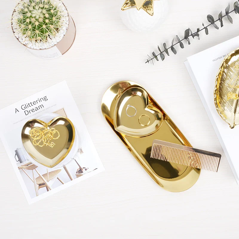 HULIANFU Nordic Stainless Steel Storage Tray Dish Jewelry Ring Organizer Bread Dessert Snack Plate Golden Heart Shaped Plate Home Decor - Deanwangkt