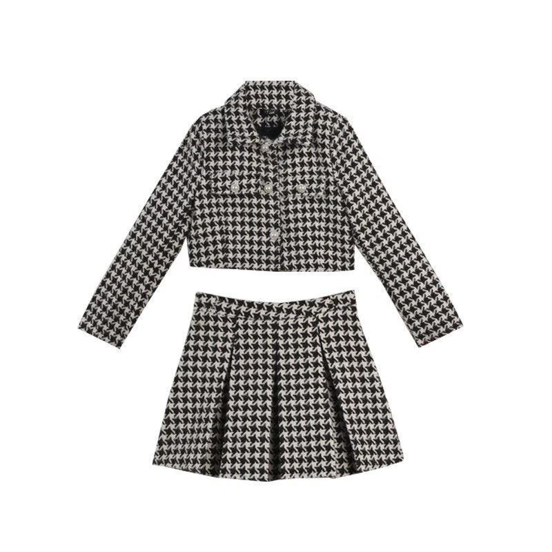 Women New Spring 2 Piece Matching Suits Long Sleeve Plaid Short Jacket&High Waist Pleated Mini Skirt Vintage 2pc Dress Sets - Deanwangkt