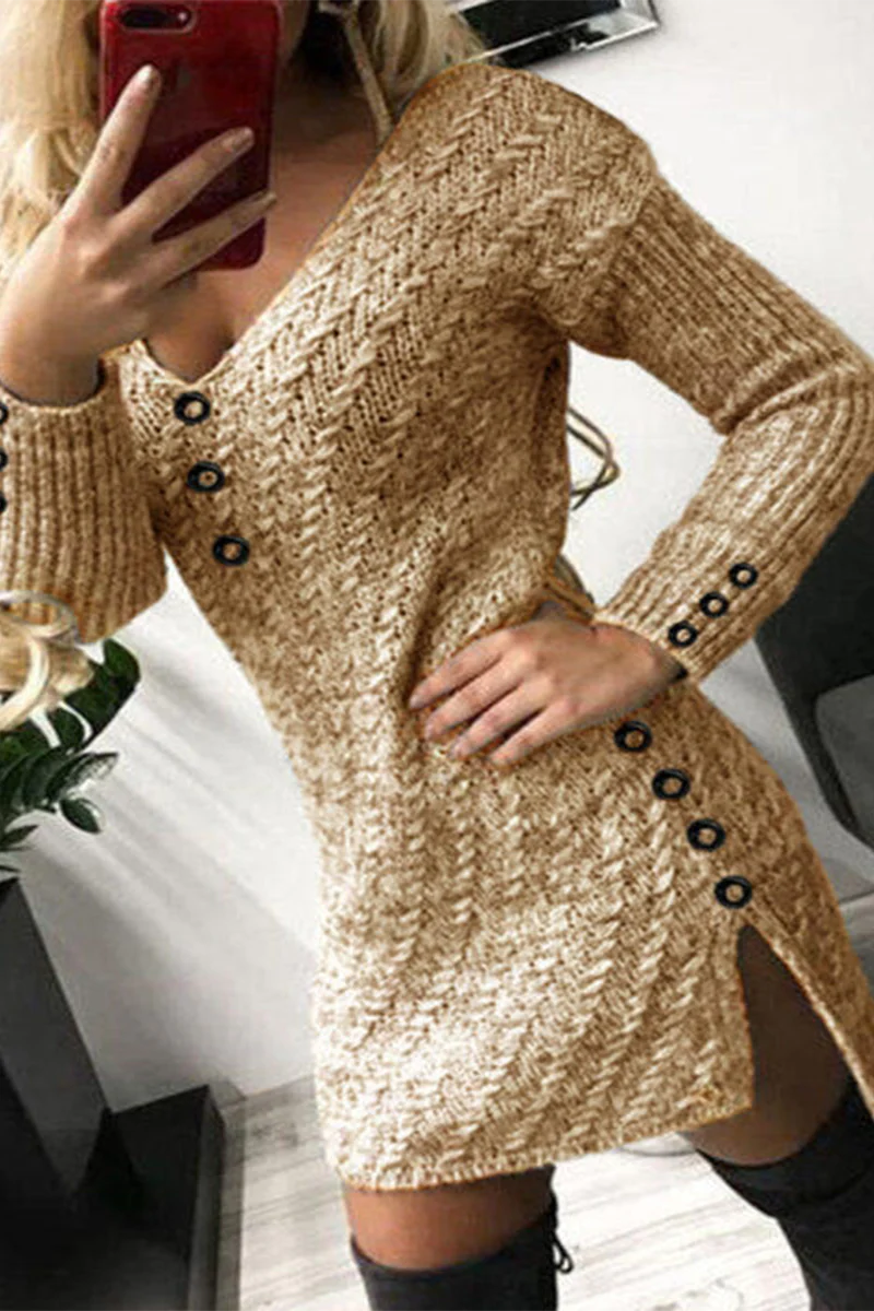 hulianfu Casual Print Split Joint V Neck Pencil Skirt Dresses - Deanwangkt