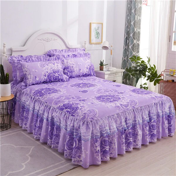 HULIANFU  3pcs set Elegant floral bed skirt skin-friendly cotton lace bedding home decor bedspreads queen pink king size bed cover - Deanwangkt