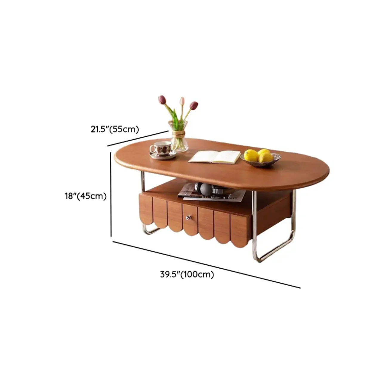 Oval Modern Wood Metal Sled Base Coffee Table