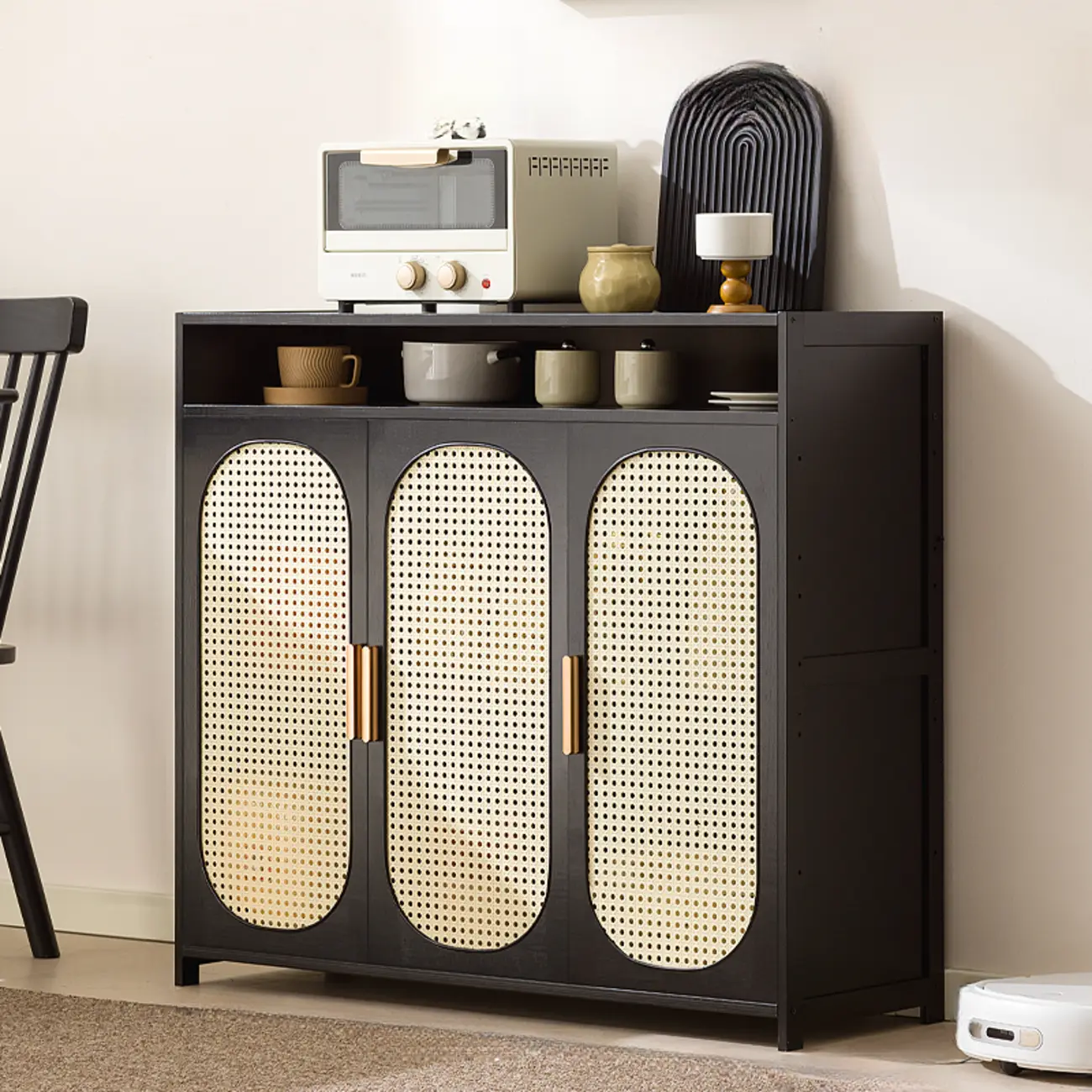 Narrow Rectangular Rattan Bamboo Sideboard with Open Shelf