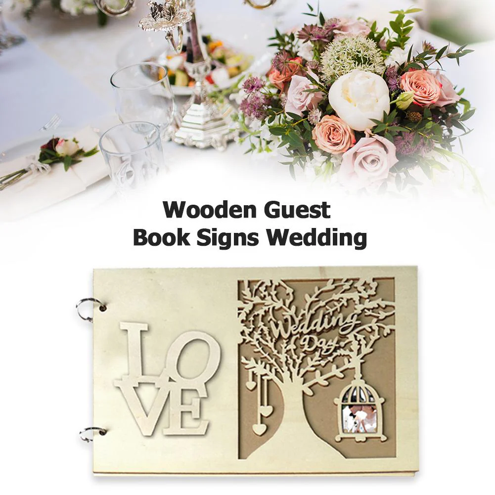 HULIANFU Wedding Guest Book Wooden Heart Hollow Engagement Guestbook Name Sign Board 20 Inside Pages Log Color Good-Looking Appearance - Deanwangkt