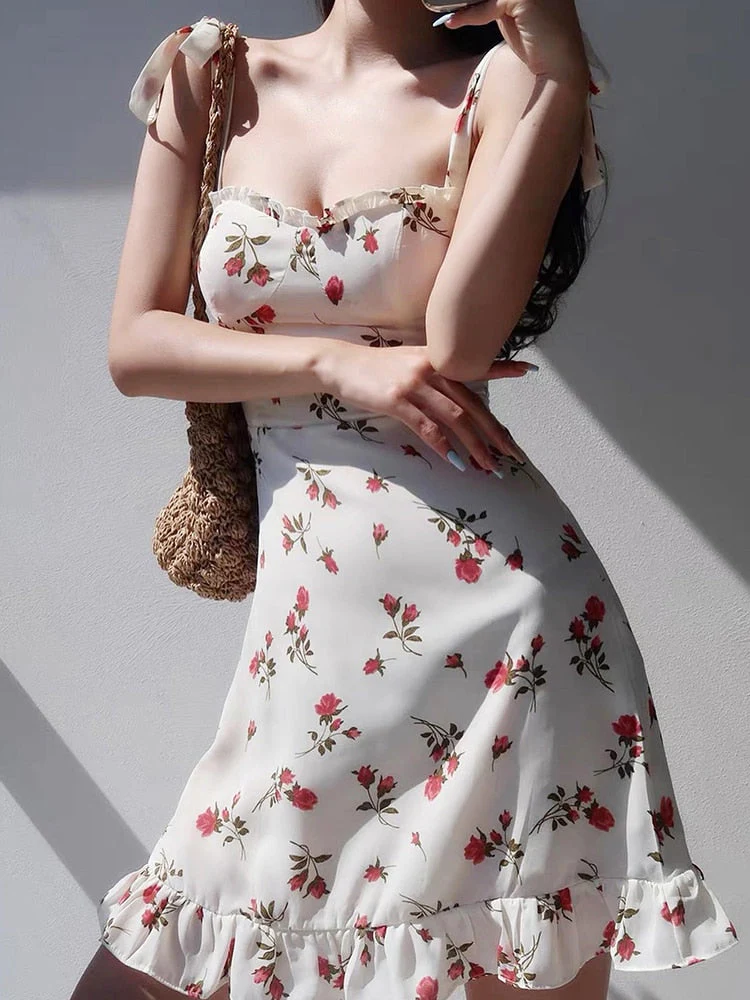 Hulianfu Y2K Floral Sexy Slip Dress Women's Summer Bandage Sleeveless Slim Flounce Resort Mini Dresses Elegant Office Lady Party - Deanwangkt