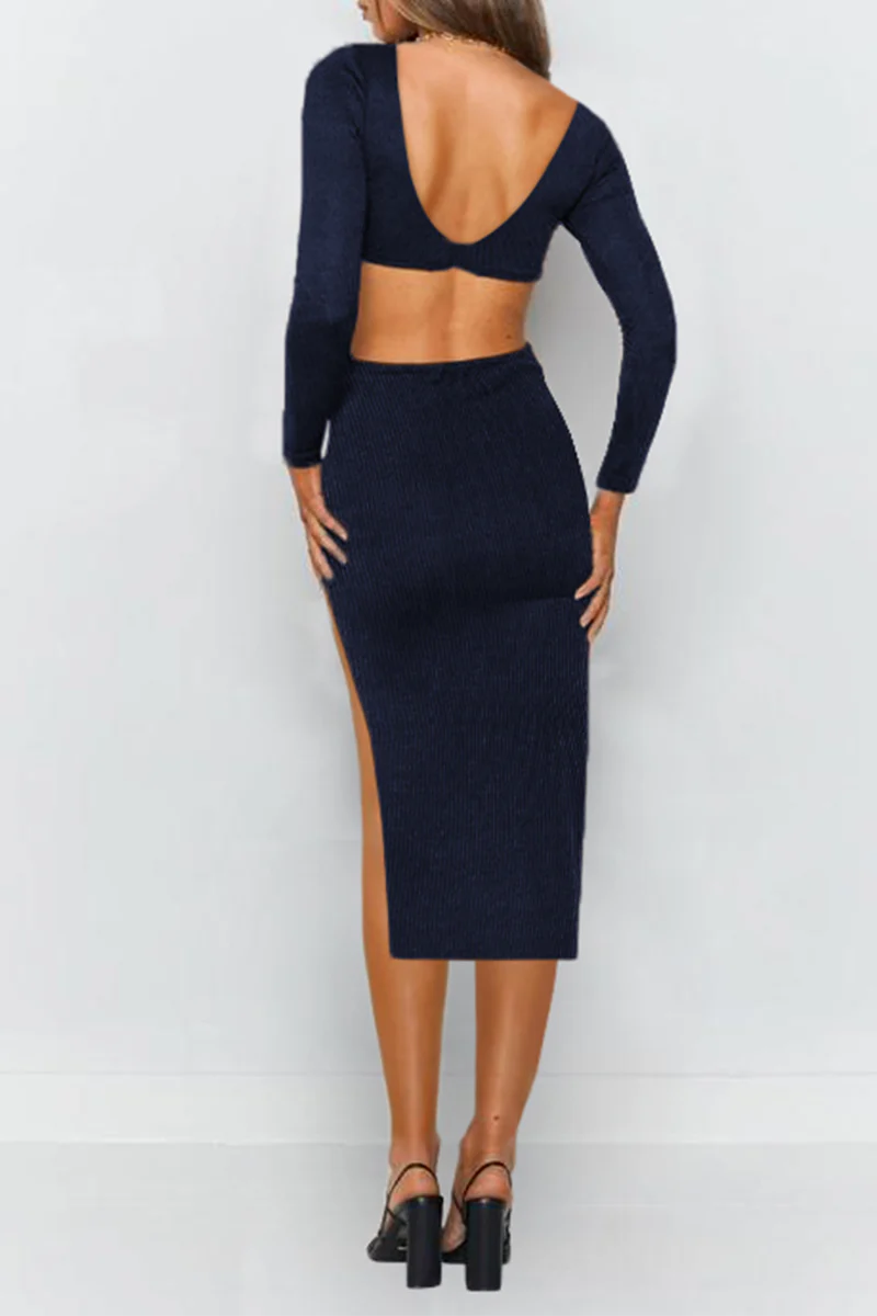 hulianfu Elegant Solid Hollowed Out Backless Slit V Neck Pencil Skirt Dresses - Deanwangkt