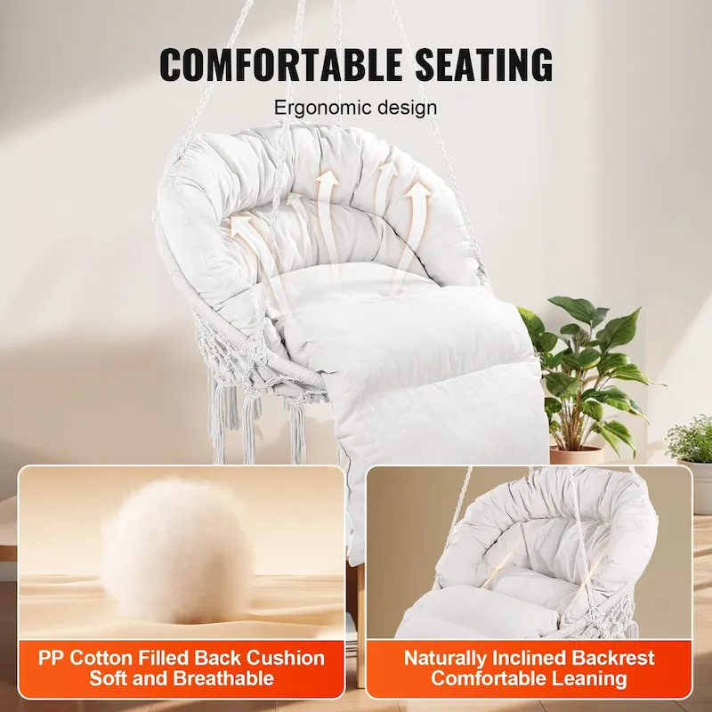 Hanging Hammock Swing Chair, Macram Hanging Chair with Cushion and Mounting Hardware, Cotton Rope Swing Chair