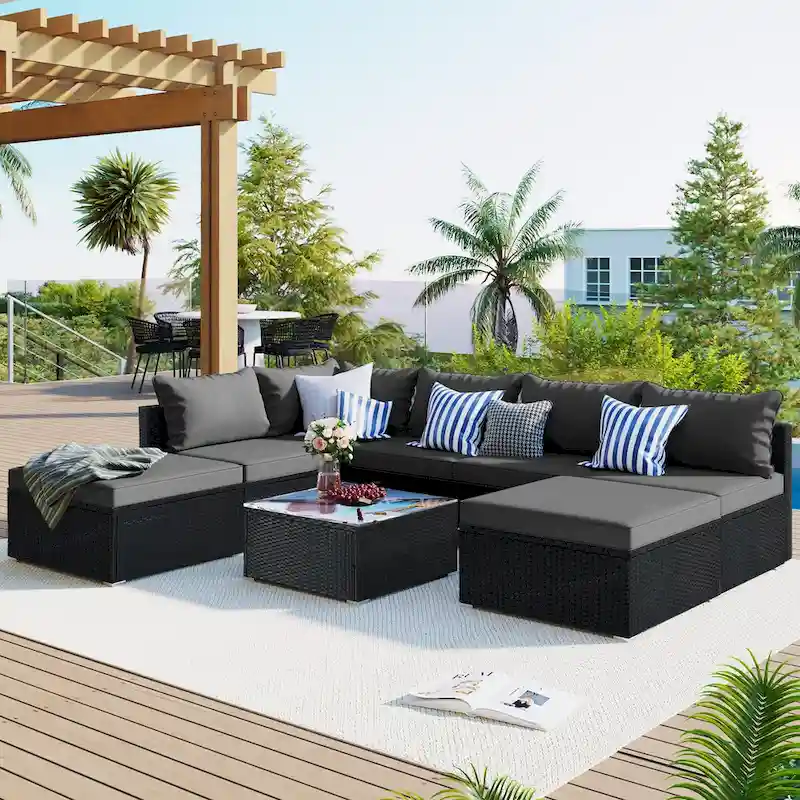 Gray Stylish Patio Furniture Set with Tempered Glass Table