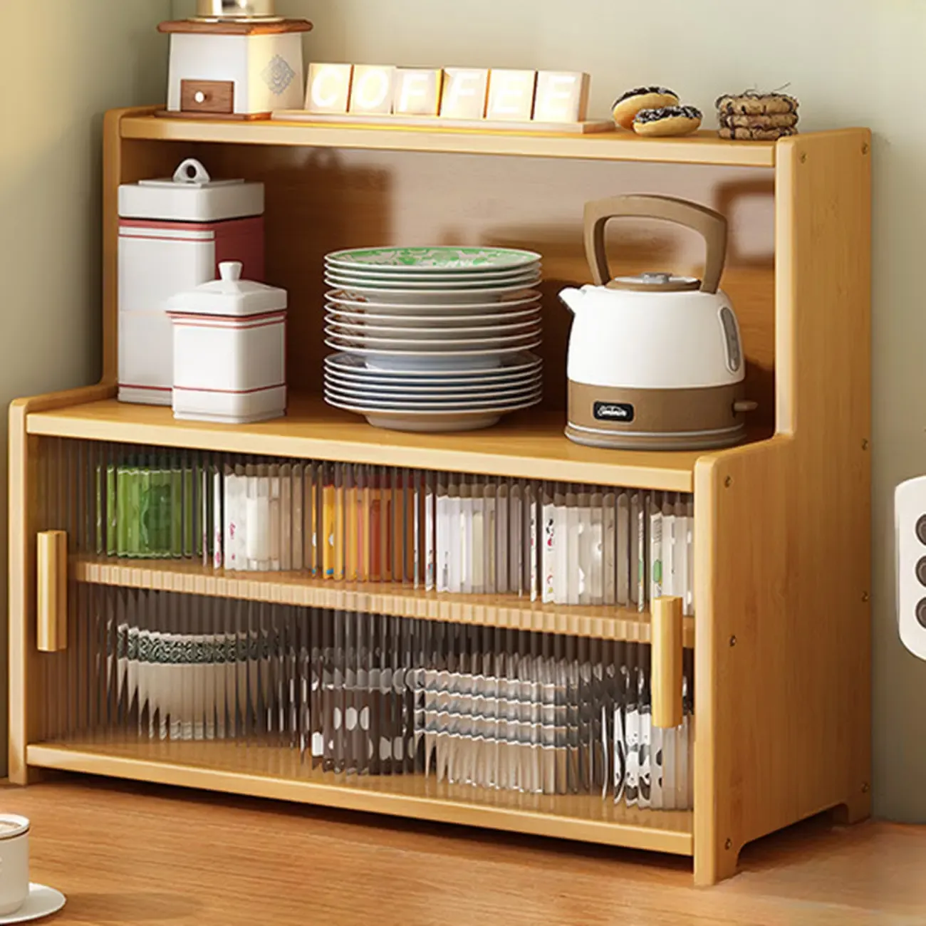 Modern Bamboo Narrow Buffet with Wood Countertop