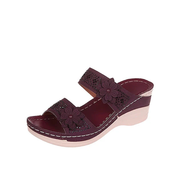 Women's Sandals Boho Bohemia Beach Wedge Sandals Comfort Shoes Outdoor Daily Beach Summer Flower Wedge Heel Round Toe Open Toe Casual Minimalism Walking Shoes PU Leather Faux Leather Loafer Solid - Deanwangkt