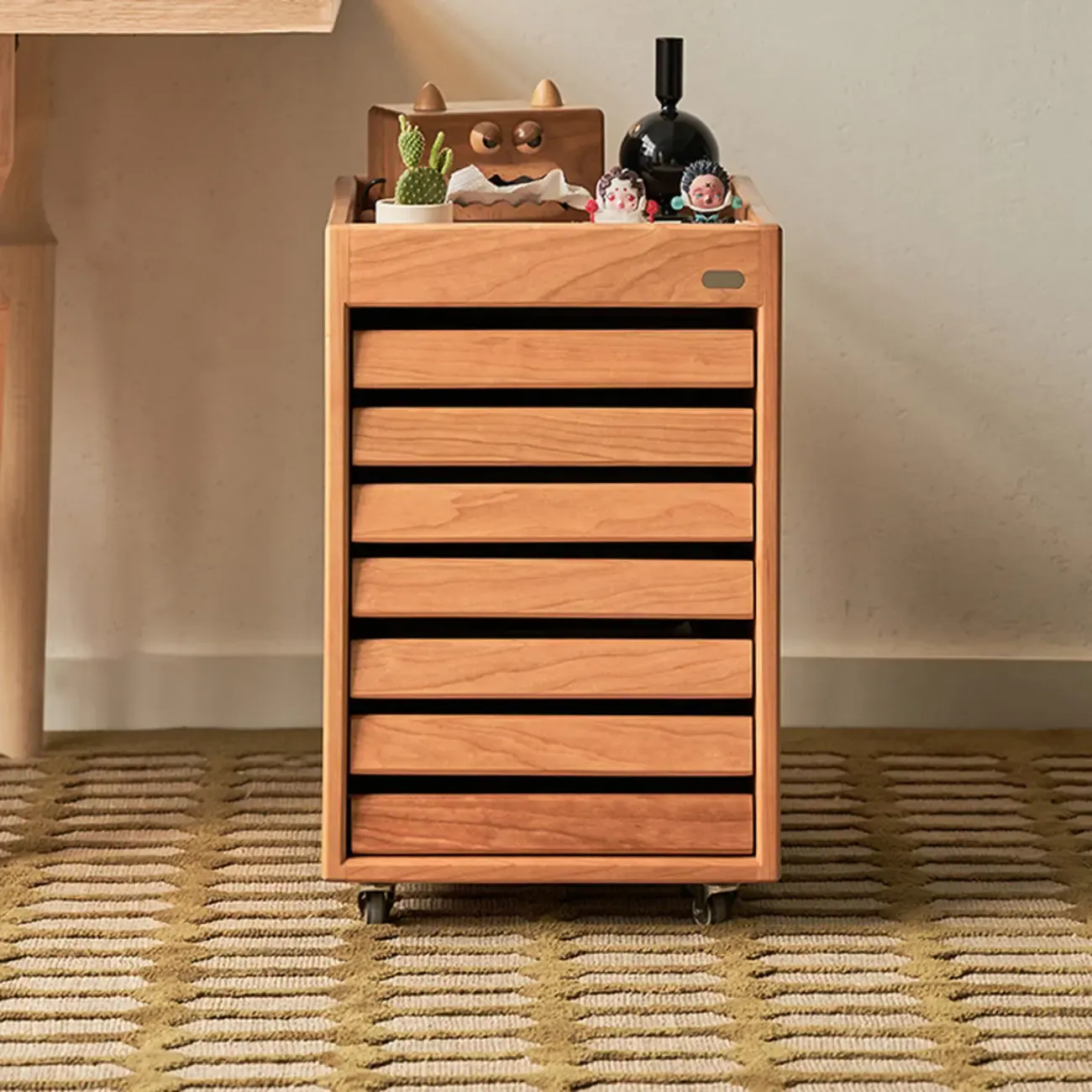 Modern Cherry Wood Rolling Side Table with Drawers