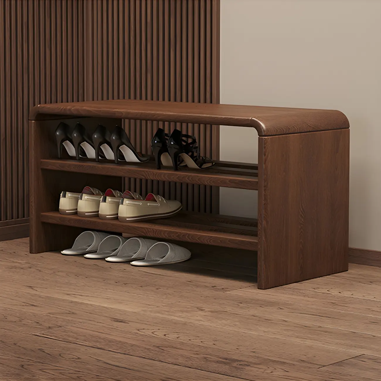 Entryway Brown Solid Wood 3-Tier Shoe Rack Bench