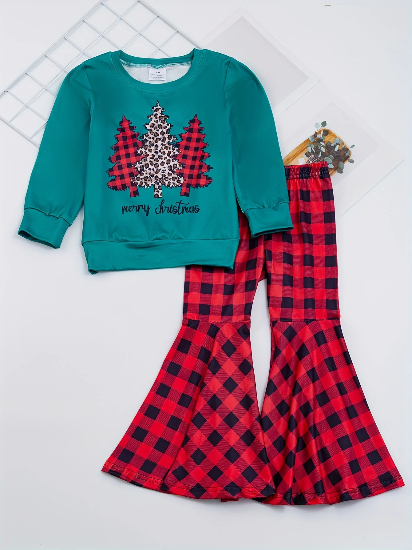 Girls' 2-piece Sets, BELIEVE And Santa Claus Print Pullover + Leopard Print Flare Pants, Autumn outdoor Clothes Christmas - Deanwangkt