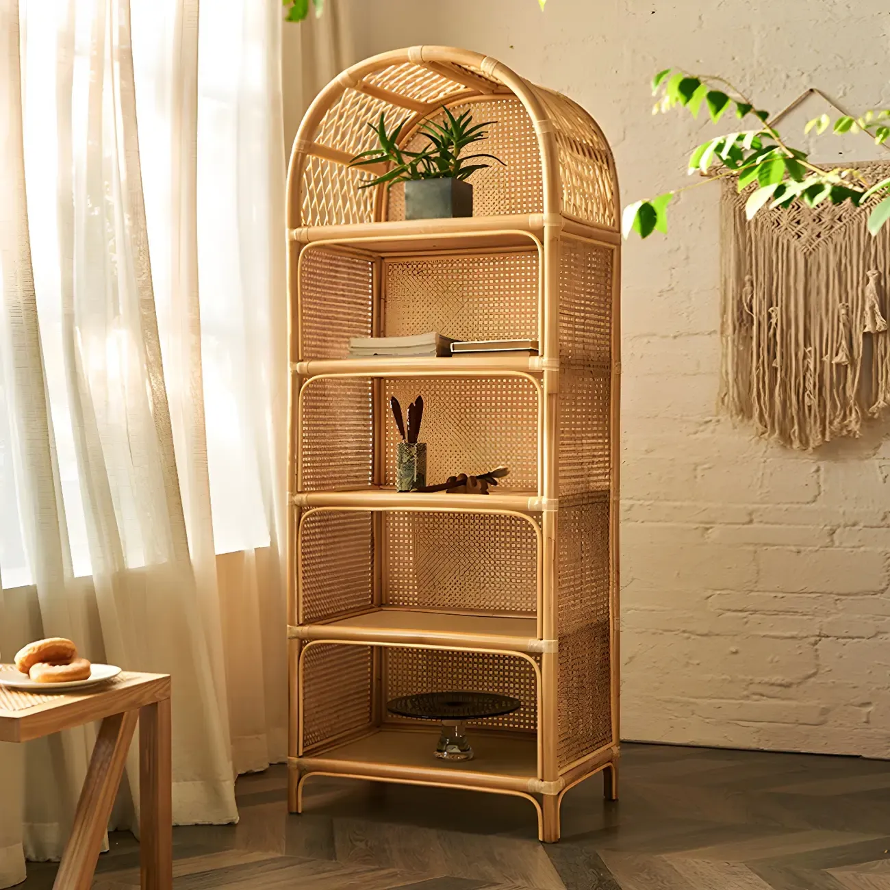 Light Wood Arch Rattan Bookshelf 5-Tier Bookcase